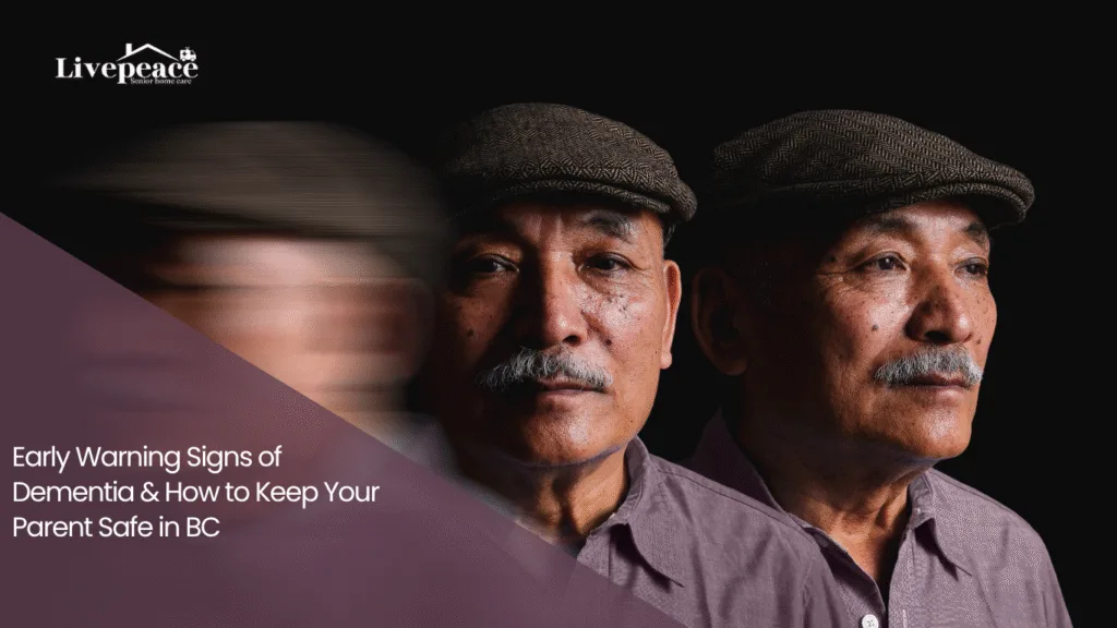 Blog banner featuring an older man with multiple blurred and focused portraits symbolizing dementia and memory changes, with the text “Early Warning Signs of Dementia & How to Keep Your Parent Safe in BC” and LivePeace Senior Home Care branding.