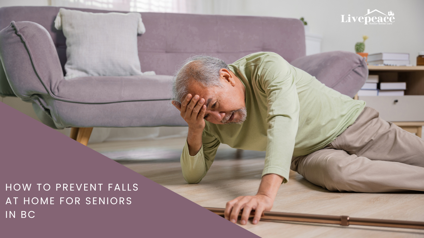 Senior experiencing a fall at home, illustrating the importance of fall prevention, home safety, and senior care support in BC.