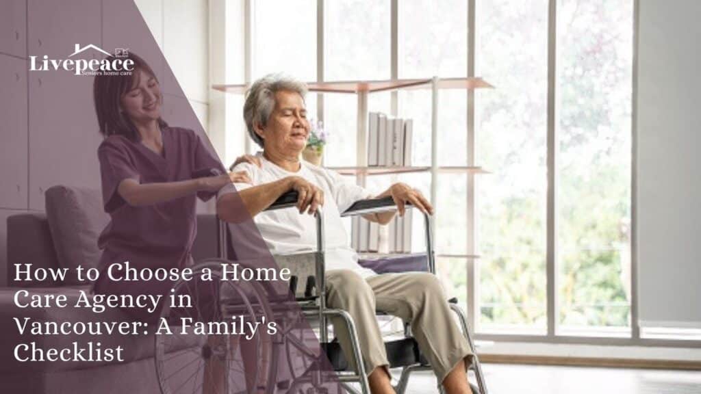 Caregiver assisting an elderly woman with seated arm exercises at home, featured in a LivePeace blog banner about choosing a trusted home care agency in Vancouver for seniors