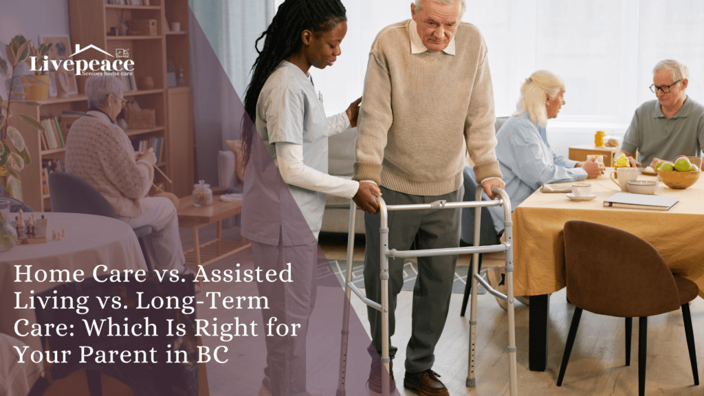 Caregiver assisting an older adult with walking while comparing home care, assisted living, and long-term care options in BC