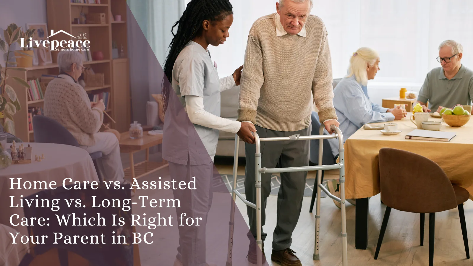 Caregiver assisting an older adult with walking while comparing home care, assisted living, and long-term care options in BC