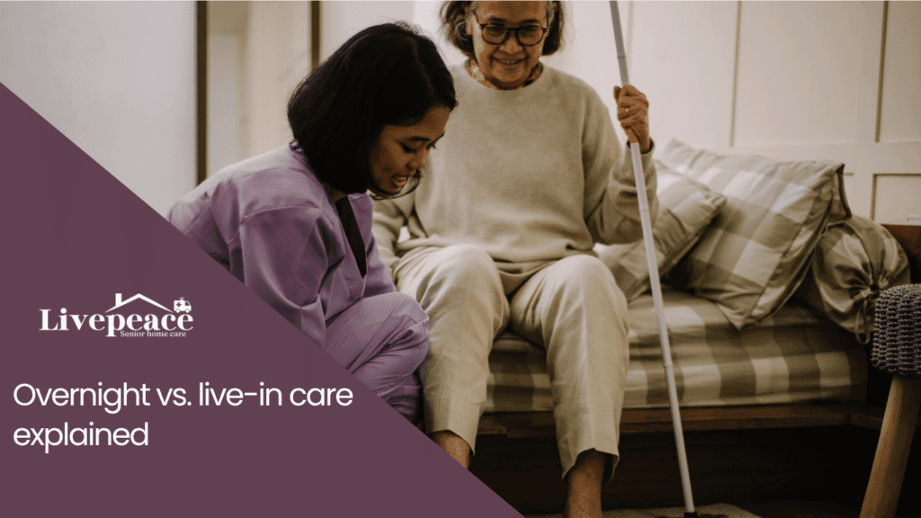Overnight vs. live-in senior care explained, featuring a caregiver assisting an older adult at home.