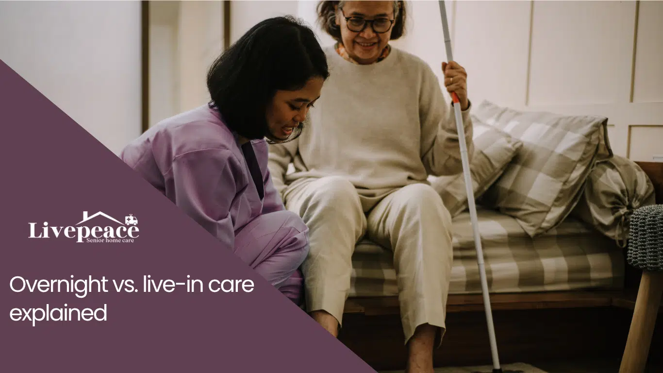 Overnight vs. live-in senior care explained, featuring a caregiver assisting an older adult at home.