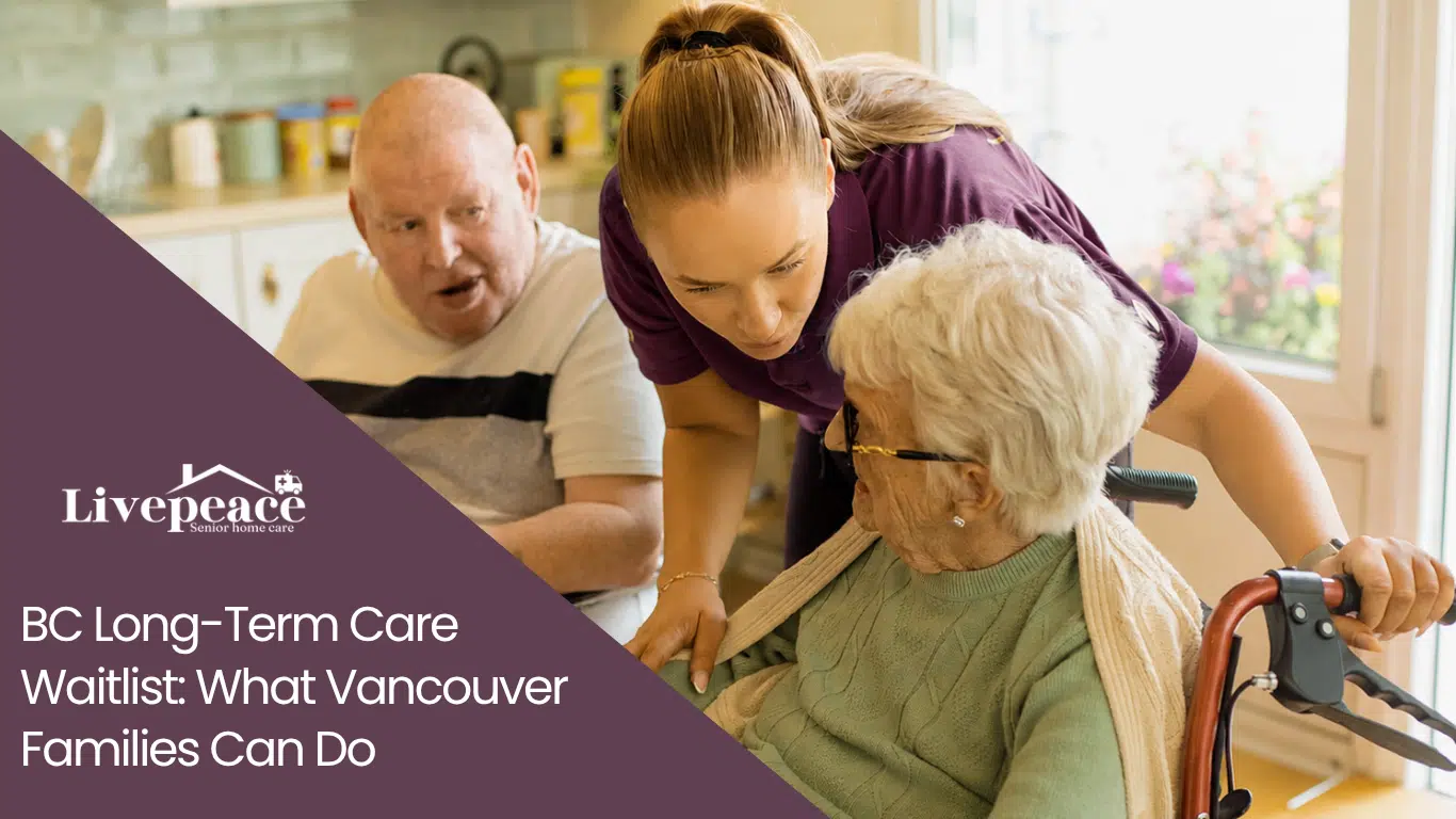 Elderly woman in a wheelchair receiving assistance from a caregiver wearing plum scrubs while participating in a coloring activity at home.