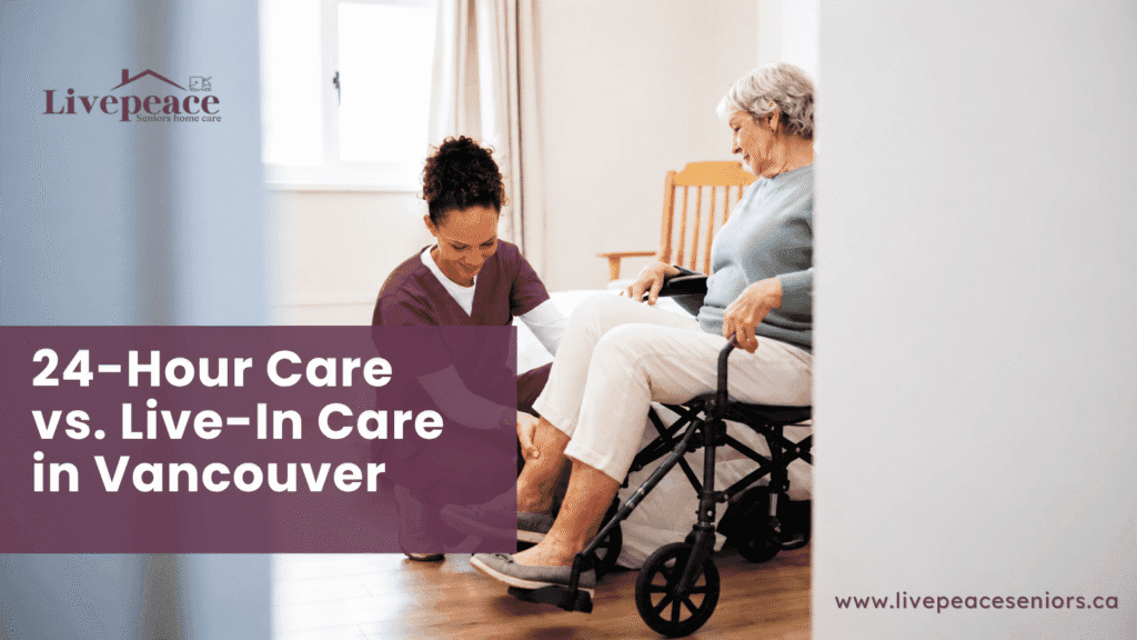 Caregiver in mauve scrubs providing foot care assistance to a senior woman at home.